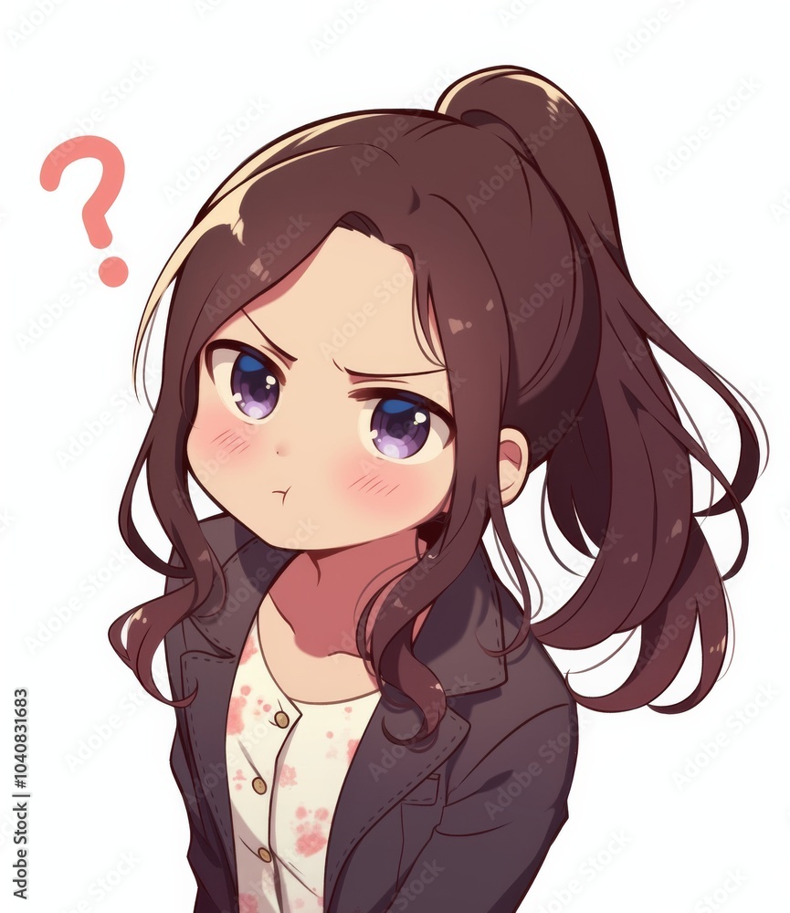 Cute Chibi Girl with an Exasperated Expression, Frowning and Pouting Slightly, Wearing Casual Attire with a Ponytail, Against a White Background with a Question Mark Symbol.
Cute Chibi Girl with an Exasperated Expression, Frowning and Pouting Slightly, Wearing Casual Attire with a Ponytail, Against a White Background with a Question Mark Symbol.