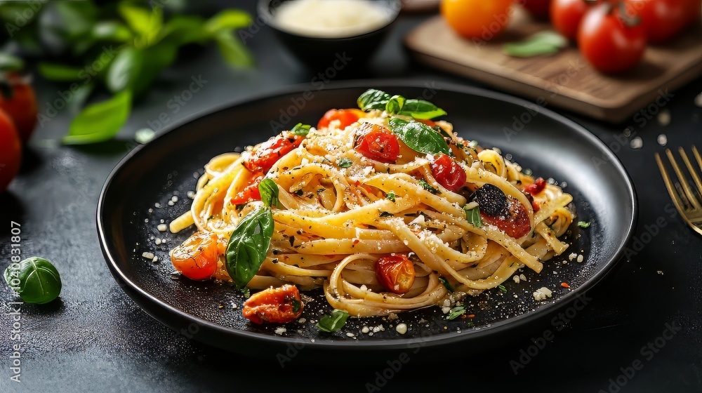 Pasta with roasted vegetables on dark plate. Dark plate with italian foods. Ultra realistic. Photorealistic Pasta with roasted vegetables on dark plate. Dark plate with italian foods. Ultra realistic. Photorealistic