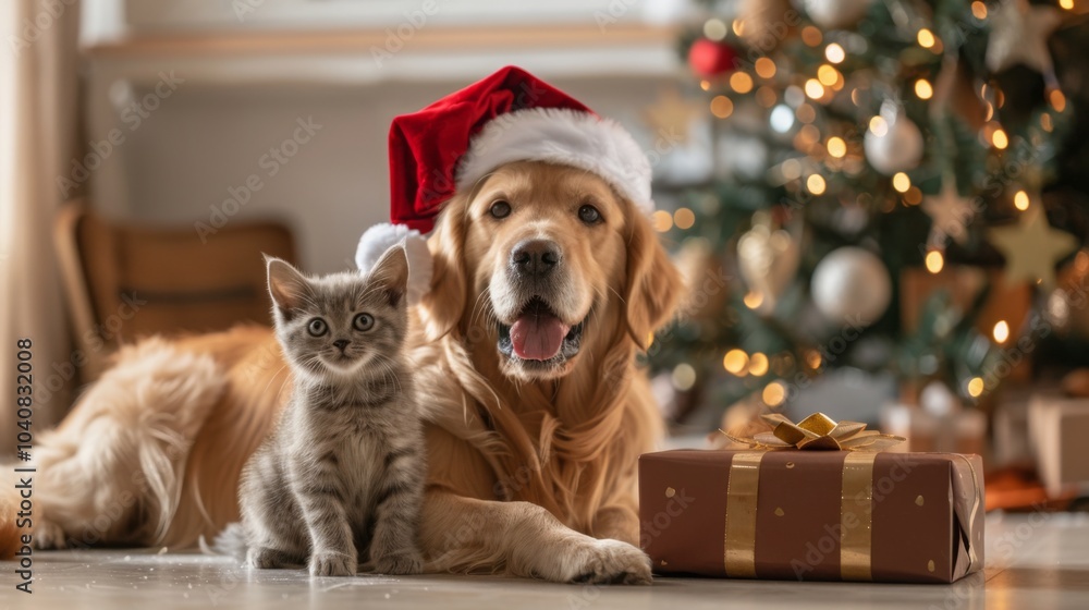Festive Christmas scene with a golden retriever dog in Santa hat and a cute kitten beside a gift box, warm colors and decorated tree in studio setting, holiday pet theme, joyful festive atmosphere. Festive Christmas scene with a golden retriever dog in Santa hat and a cute kitten beside a gift box, warm colors and decorated tree in studio setting, holiday pet theme, joyful festive atmosphere.