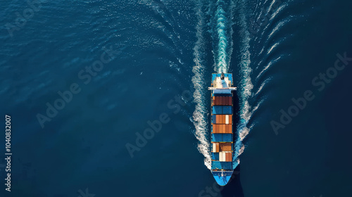 cargo ship cutting through calm waters, leaving trail of waves behind. vibrant colors of containers contrast beautifully with deep blue sea, creating serene maritime scene