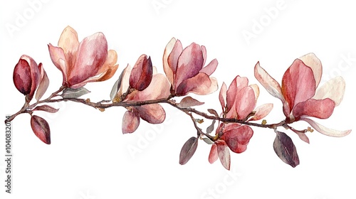 Watercolor painting of a magnolia branch with pink flowers and green leaves on a white background.