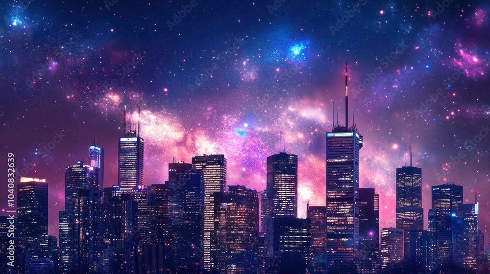 A vibrant city skyline under a starry night sky with a cosmic glow. A vibrant city skyline under a starry night sky with a cosmic glow.
