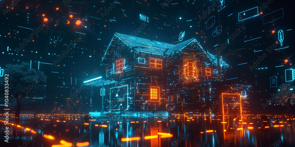 a house with lights in the background
a house with lights in the background