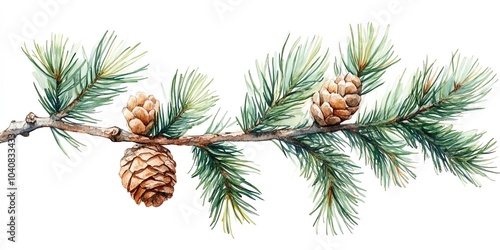 Watercolor painting of a pine branch with three pine cones. (1)