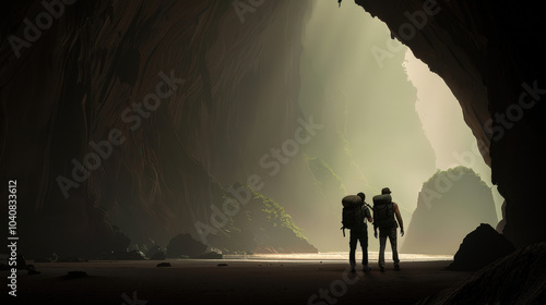 Explorers stand in awe at entrance of majestic cave, surrounded by towering rock formations and soft light filtering through. atmosphere is serene and mysterious