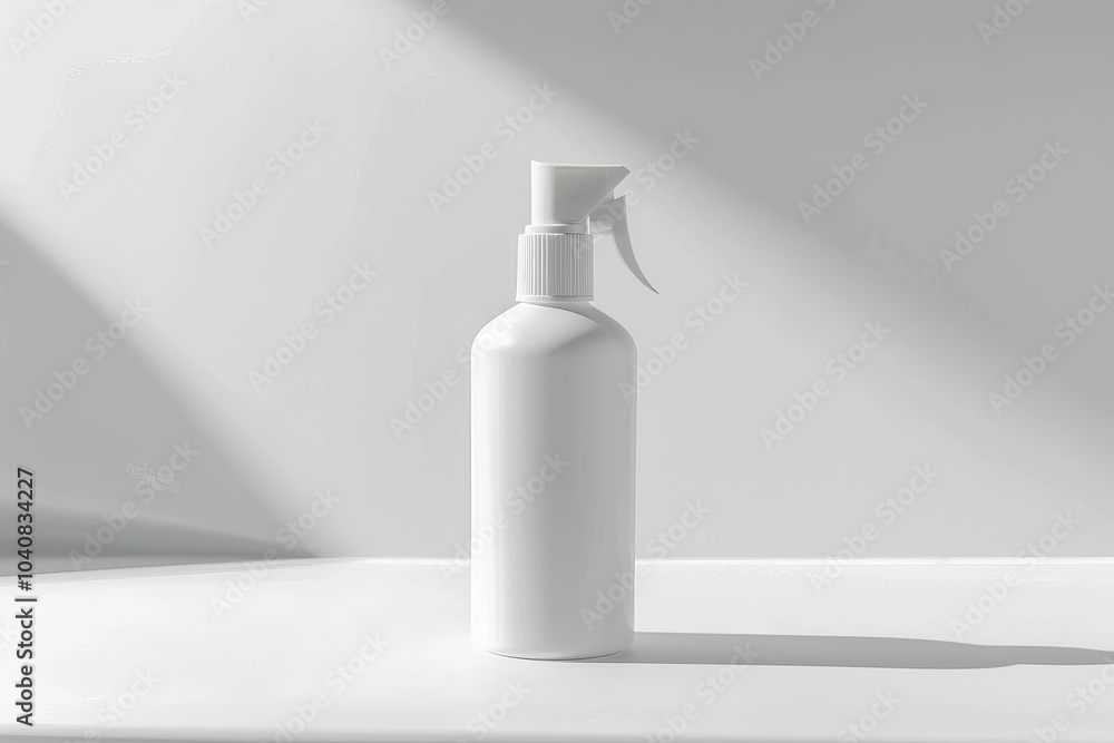 White spray bottle on a white background with sunlight shining in. White spray bottle on a white background with sunlight shining in.