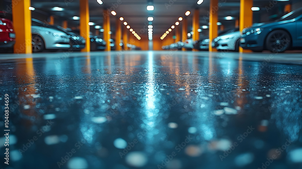 Abstract Blue and Yellow Background: Wet Concrete Floor With Bokeh Lights Abstract Blue and Yellow Background: Wet Concrete Floor With Bokeh Lights