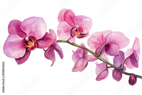 Watercolor painting of pink orchid flowers.