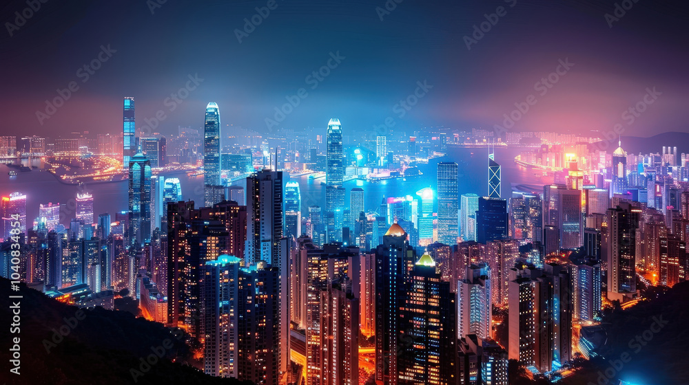 Fototapeta premium stunning cityscape at night featuring illuminated skyscrapers and vibrant lights reflecting on water, creating mesmerizing urban atmosphere
