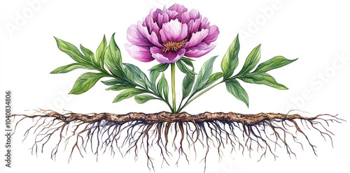 Watercolor illustration of a pink peony flower with its roots on a white background. photo