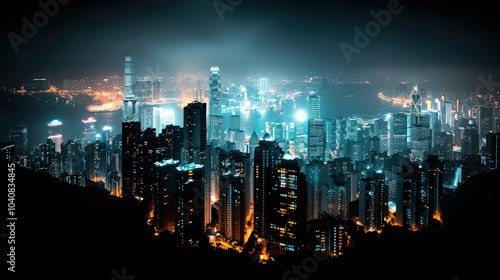 stunning cityscape at night featuring illuminated skyscrapers and vibrant skyline. scene captures beauty of urban life with glowing lights reflecting on water, creating mesmerizing atmosphere