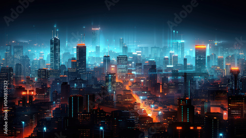 vibrant cityscape featuring towering skyscrapers and illuminated urban streets, showcasing blend of blue and orange lights that create dynamic nighttime atmosphere