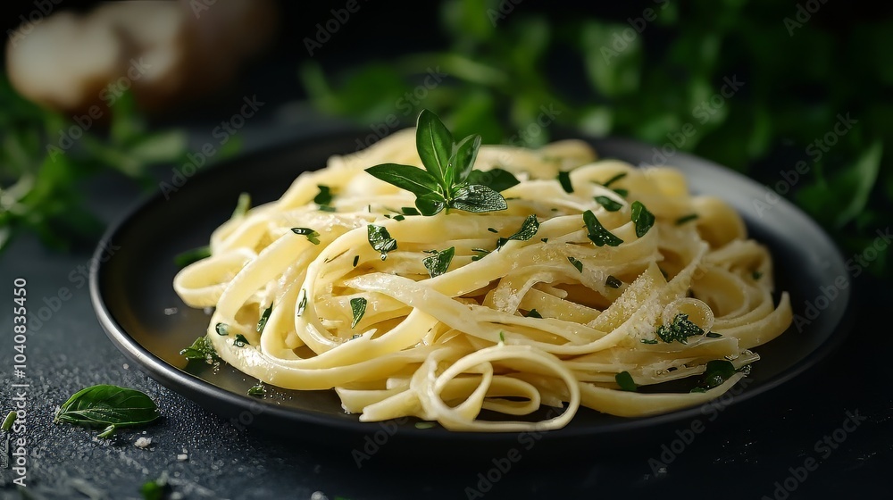 Plate of pasta with fresh herbs on dark background. Dark plate with italian foods. Ultra realistic. Photorealistic Plate of pasta with fresh herbs on dark background. Dark plate with italian foods. Ultra realistic. Photorealistic