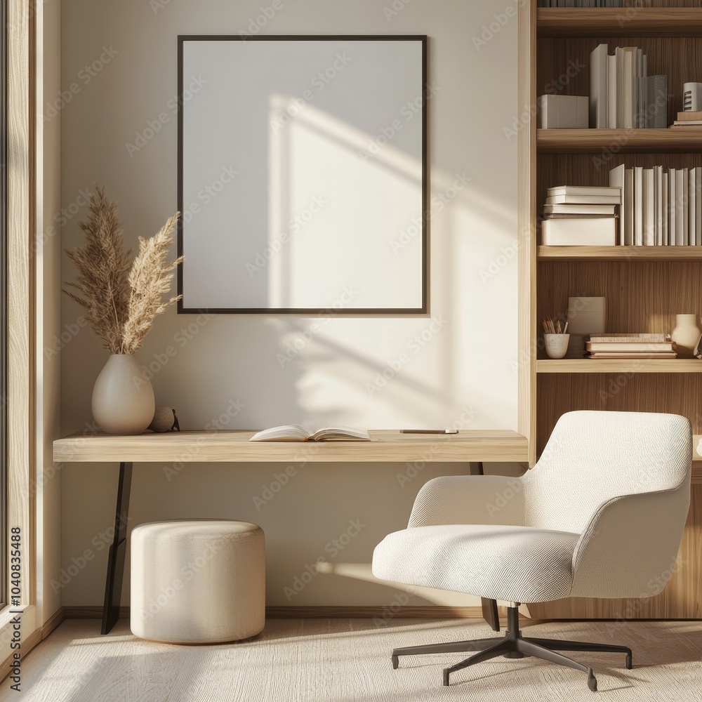 Minimalist home office with a desk, chair, and bookcase. Minimalist home office with a desk, chair, and bookcase.