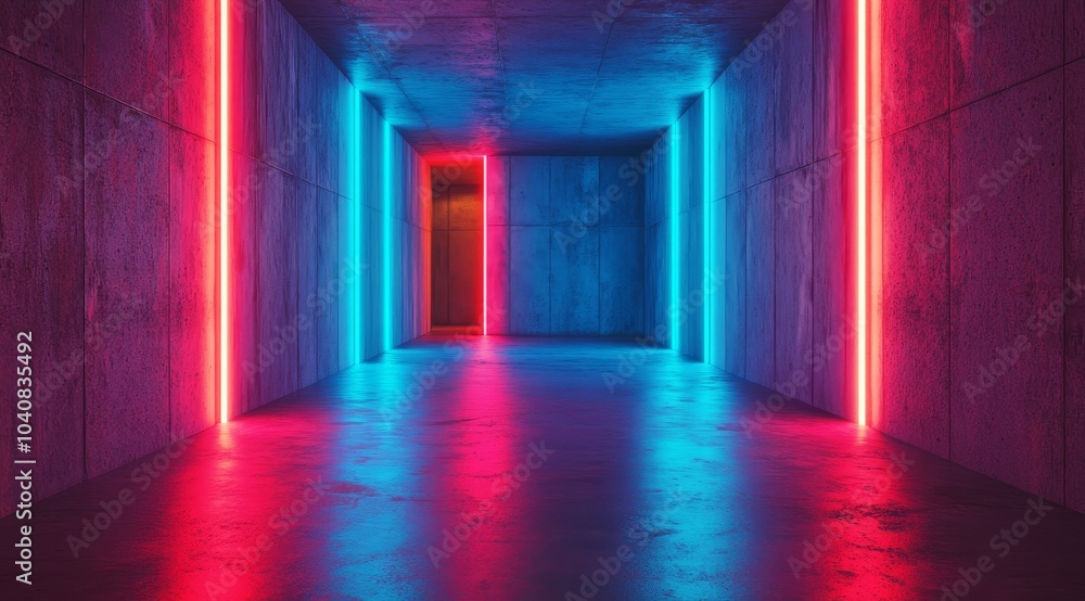 Empty concrete room with red and blue neon lights on the wall. Empty concrete room with red and blue neon lights on the wall.