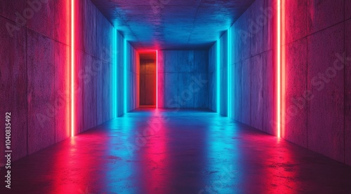 Empty concrete room with red and blue neon lights on the wall.