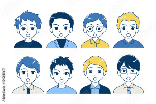 父親のアイコンイラストセット　ポカンと口を開ける　バストアップ　ブルー、イエロー