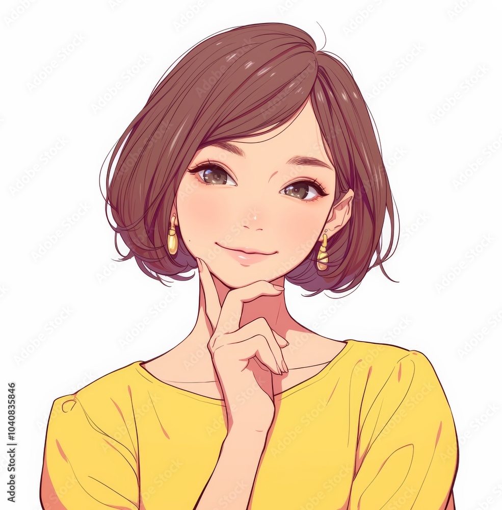 Cute Anime Character of a Japanese Woman with Short Hair and Yellow Earrings, Smiling Slightly While Touching Her Chin, Captured Against a White Background with a Focus on Facial Expressions. Cute Anime Character of a Japanese Woman with Short Hair and Yellow Earrings, Smiling Slightly While Touching Her Chin, Captured Against a White Background with a Focus on Facial Expressions.