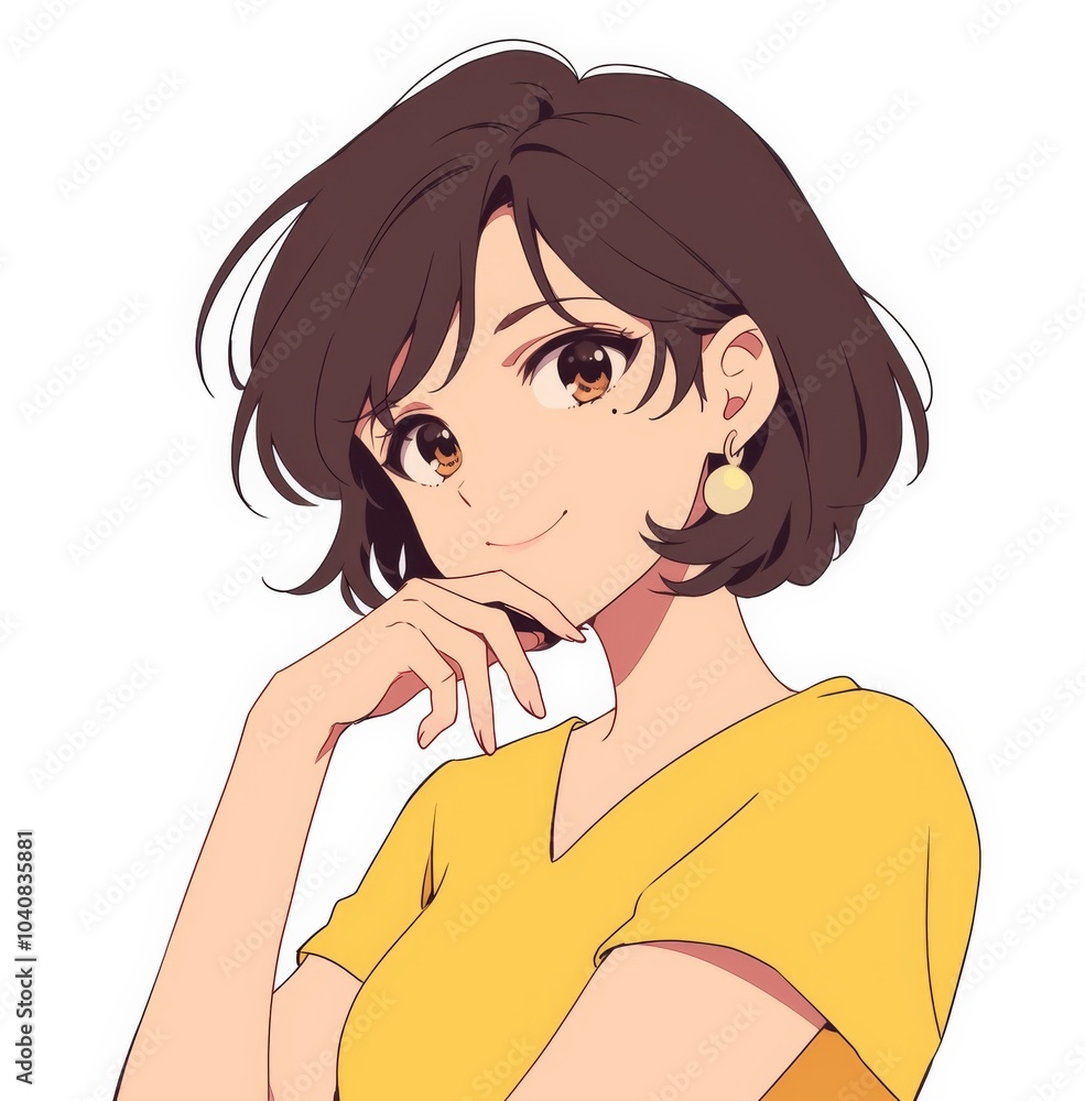 Cute Anime Character of a Japanese Woman with Short Hair and Yellow Earrings, Smiling Slightly While Touching Her Chin, Captured Against a White Background with a Focus on Facial Expressions. Cute Anime Character of a Japanese Woman with Short Hair and Yellow Earrings, Smiling Slightly While Touching Her Chin, Captured Against a White Background with a Focus on Facial Expressions.