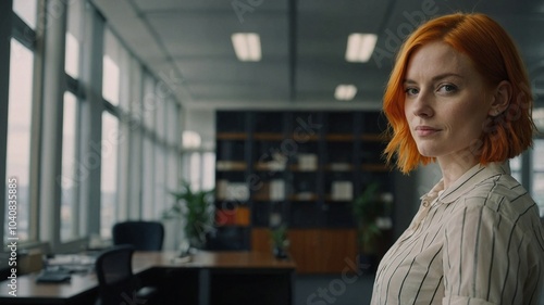 Close up cinematic portrait of orange haired woman in office, corporate businesswoman photo