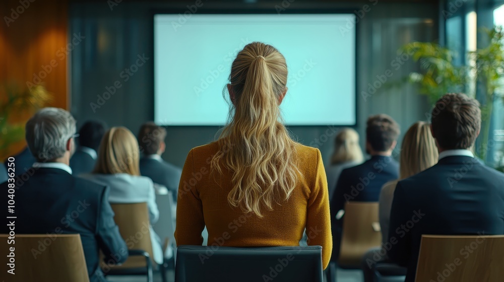 Obraz premium Audience watching a presentation in a modern conference room setting.