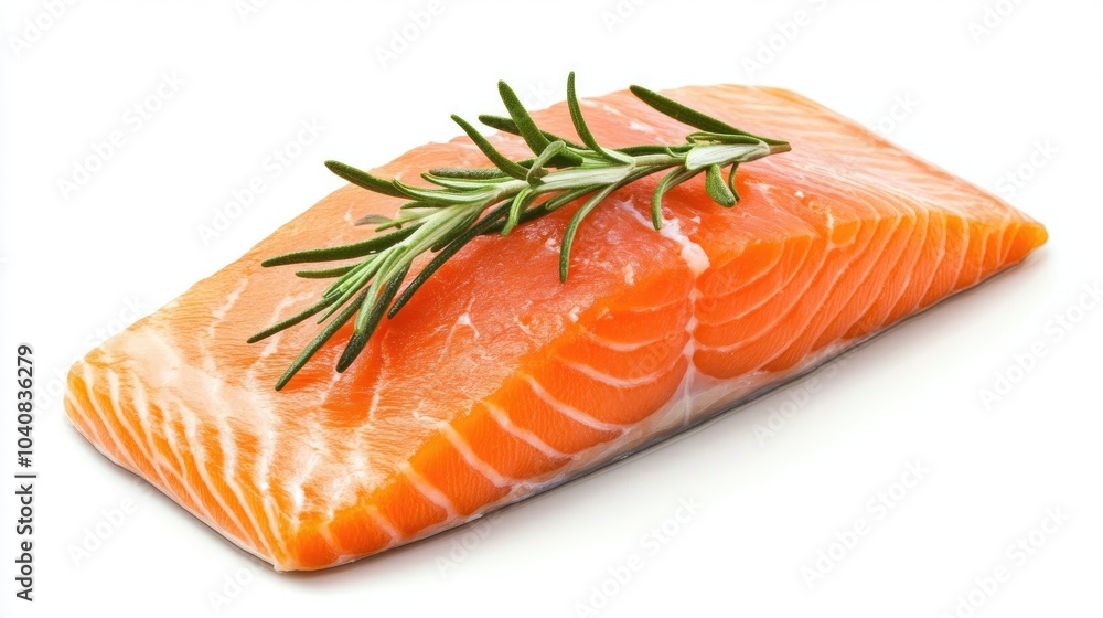 Fresh Salmon Fillet with Herb Garnish on White Background Fresh Salmon Fillet with Herb Garnish on White Background