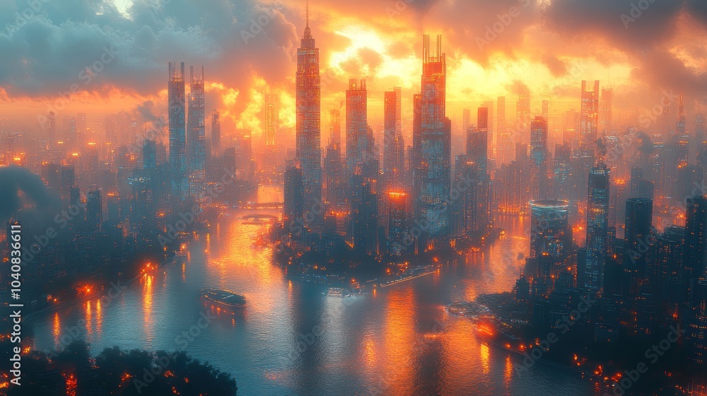 Fototapeta premium Futuristic Cityscape at Sunset