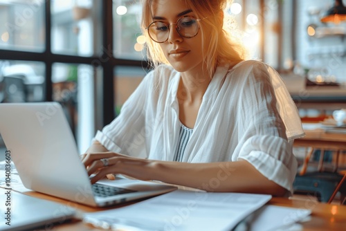 Professional Woman Working on Laptop in a Cafe Setting with Documents