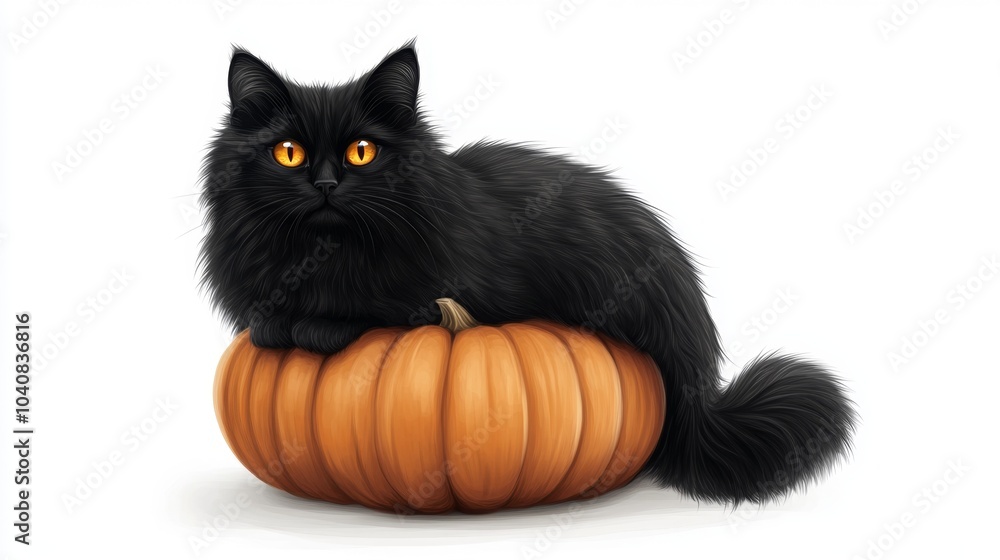 Enigmatic Black Cat on Glowing Pumpkin - Halloween Digital Art Illustration with Detailed Fur on White Background Enigmatic Black Cat on Glowing Pumpkin - Halloween Digital Art Illustration with Detailed Fur on White Background