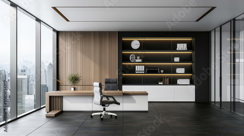 Wallpaper Mural Modern office interior with sleek desk, ergonomic chair, and stylish shelves. large windows offer stunning city view, creating bright and professional atmosphere Torontodigital.ca