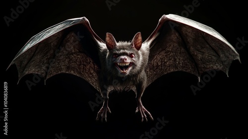 Hyper-Realistic Vampire Bat with Outstretched Wings and Sharp Fangs in Eerie Lighting on White Background