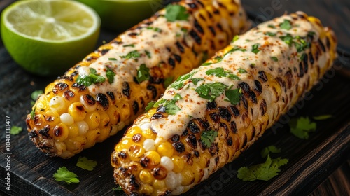 Grilled corn on the cob with lime cream sauce and coriander, isolated on a dark wooden background in a closeup view. A traditional Mexican street food concept photo