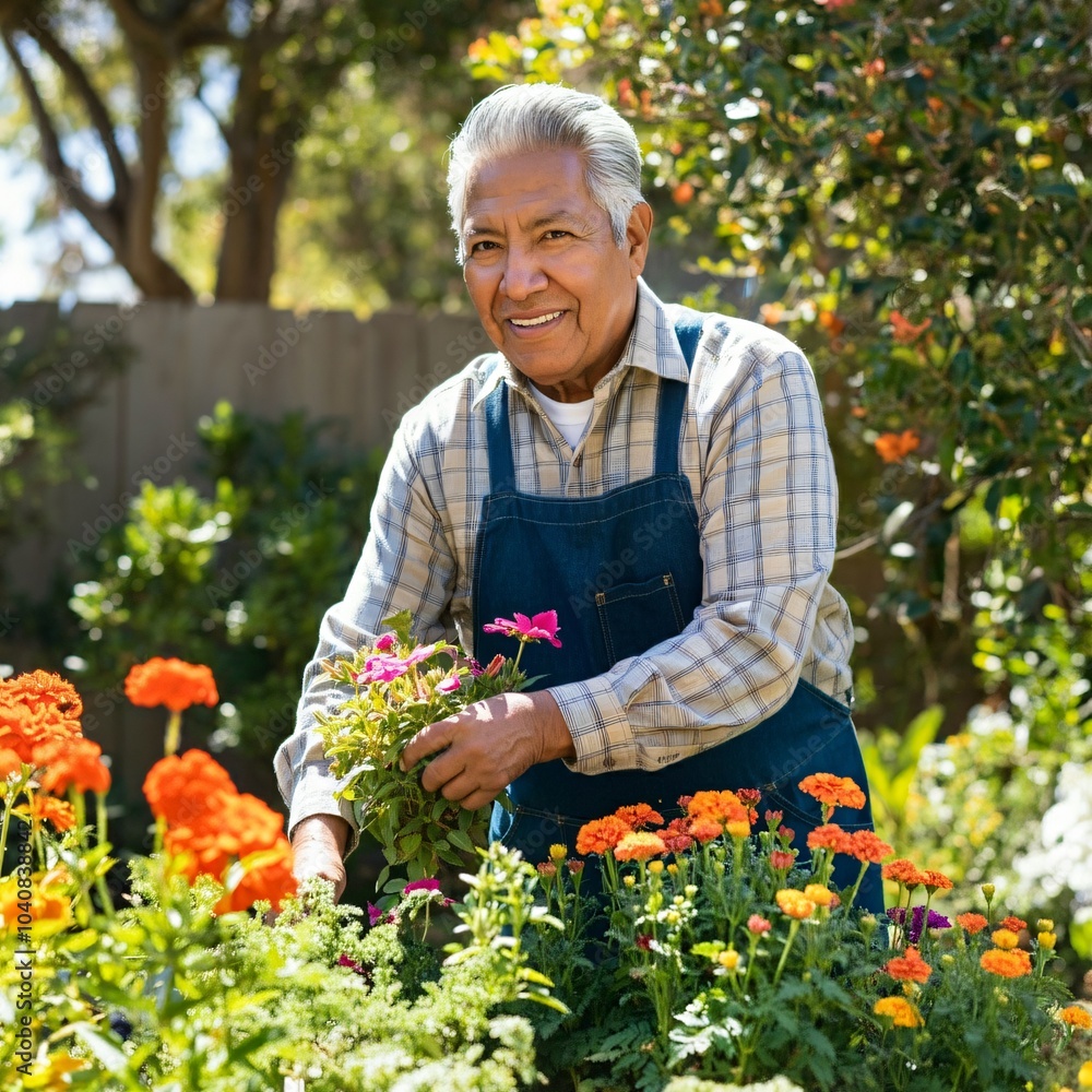 Elderly man gardening in his backyard on a bright afternoon Elderly man gardening in his backyard on a bright afternoon