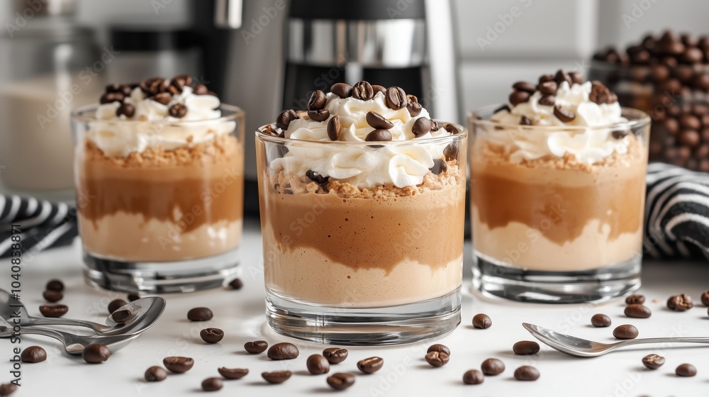 Three glasses of coffee mousse with cream on top, decorated with coffee beans and placed in the center of an empty white kitchen counter Three glasses of coffee mousse with cream on top, decorated with coffee beans and placed in the center of an empty white kitchen counter