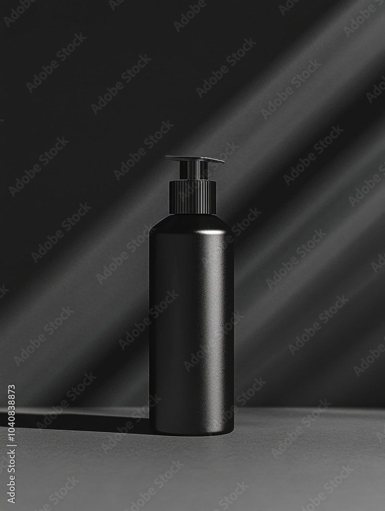 Elegant Black Lotion Bottle on Gray Surface Elegant Black Lotion Bottle on Gray Surface