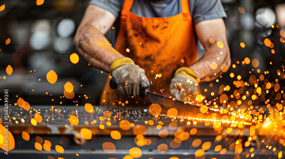 Craftsman working with metal, creating sparks while cutting through steel. scene captures intensity and skill involved in metalworking, showcasing vibrant sparks flying around Craftsman working with metal, creating sparks while cutting through steel. scene captures intensity and skill involved in metalworking, showcasing vibrant sparks flying around