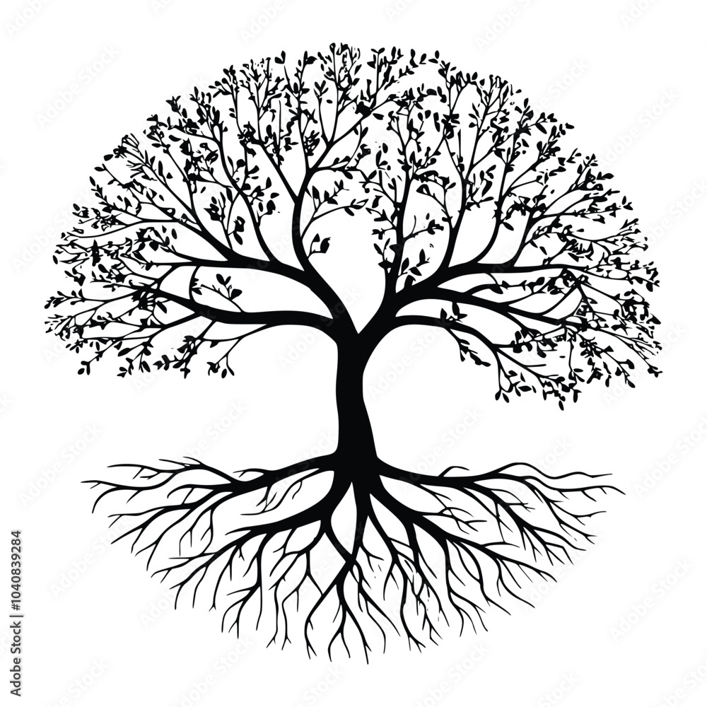 Obraz premium Design a minimalist, black silhouette of a tree with exposed, sprawling roots 