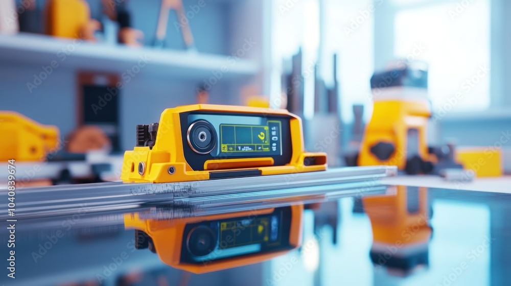 A futuristic, yellow, tech device with a screen and a camera on a shiny surface. A futuristic, yellow, tech device with a screen and a camera on a shiny surface.