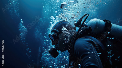 Diver underwater with bubbles, showcasing beauty of deep sea exploration and thrill of adventure. scene captures essence of underwater life and divers experience