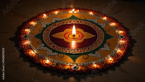 A colorful rangoli with a single lit diya in the center surrounded by smaller lit diyas in a circle.