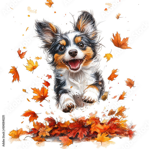 Cute dog jumping in playful autumn leaves