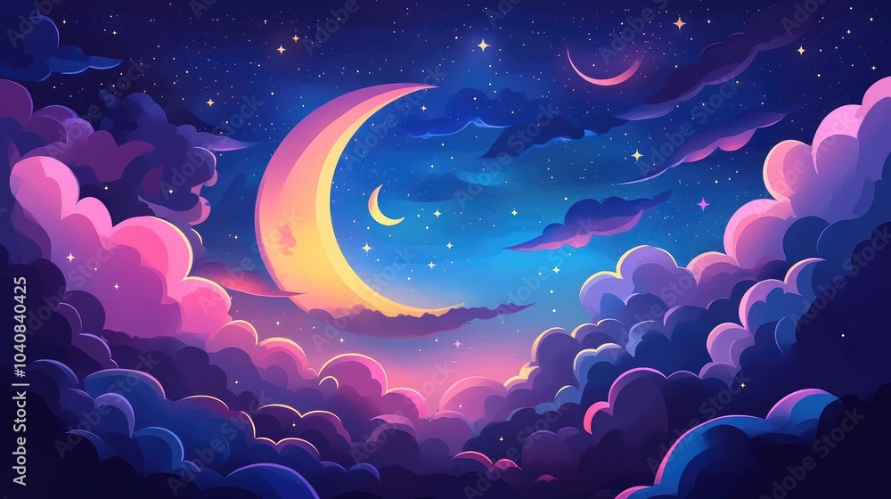 Colorful Night Sky with Vibrant Clouds and Moon Colorful Night Sky with Vibrant Clouds and Moon