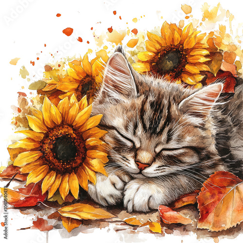Cute cat resting in vibrant autumn sunflowers