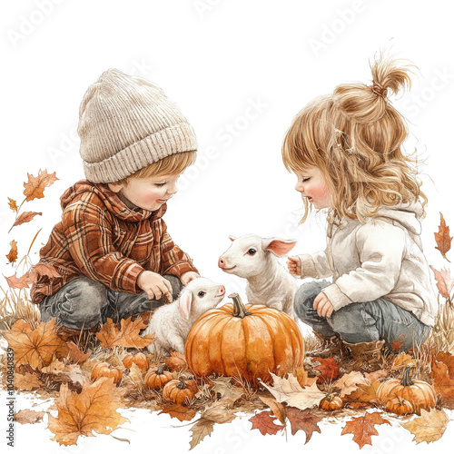 Cute kids playing with lambs and a big pumpkin
