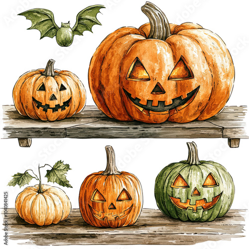 Variety of pumpkins including large display shelf