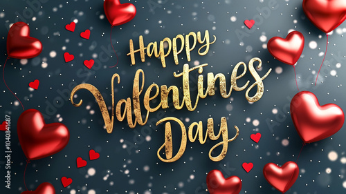 Vector illustration: Happy Valentine's Day. Handwritten calligraphic lettering with red hearts. 