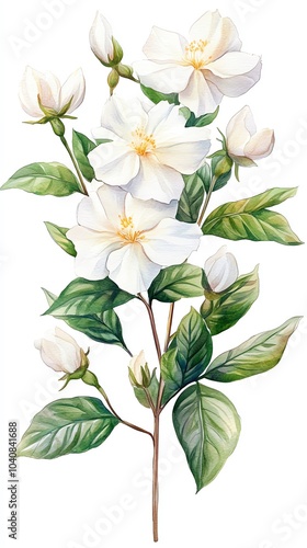 A watercolor illustration of a branch with white flowers and green leaves.