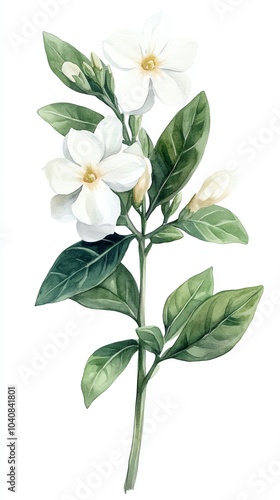 A single stem of white jasmine flowers with green leaves on a white background.