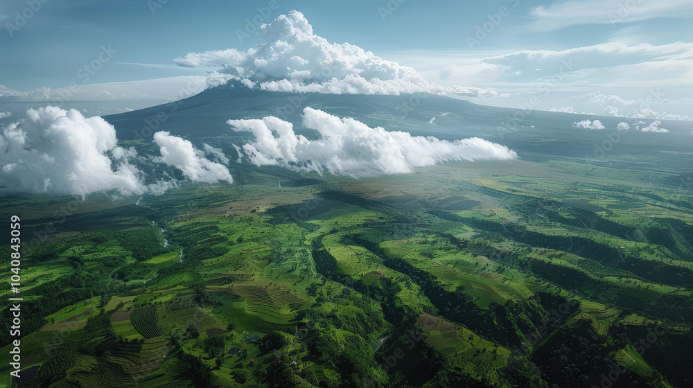 Obraz premium Majestic clouds drift over lush mountain range, casting shadows on vibrant green fields and valleys. serene landscape evokes sense of tranquility and natural beauty