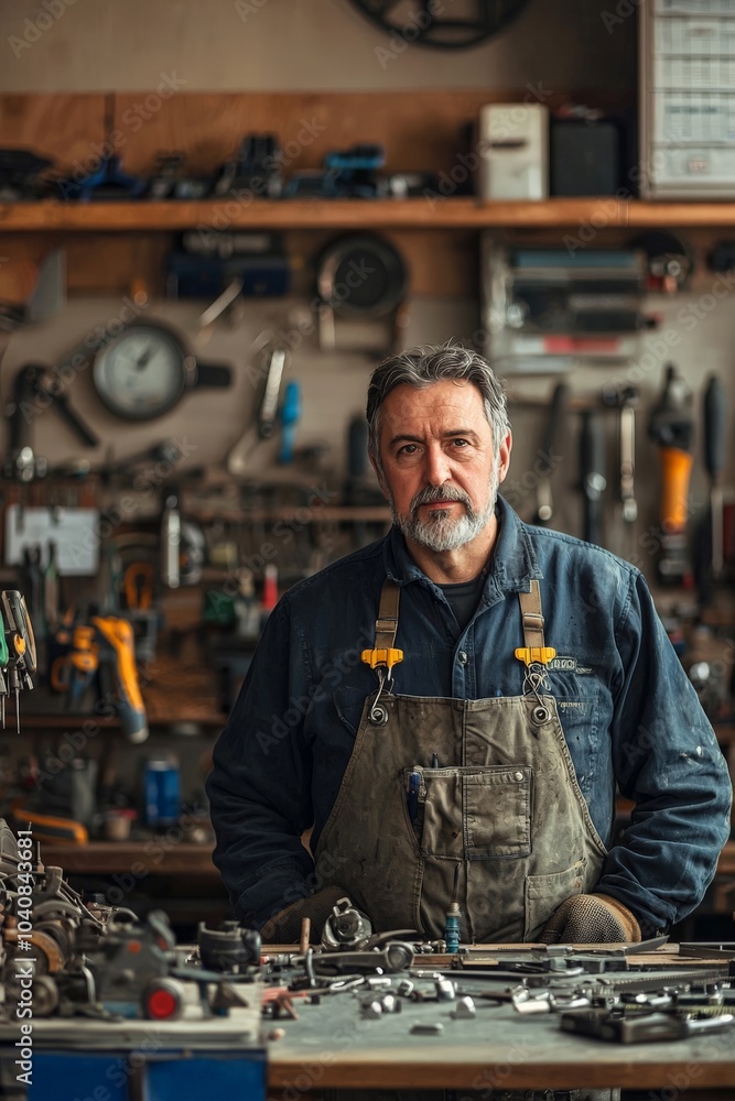 Portrait of a mechanic organizing tools and parts in a workshop Portrait of a mechanic organizing tools and parts in a workshop